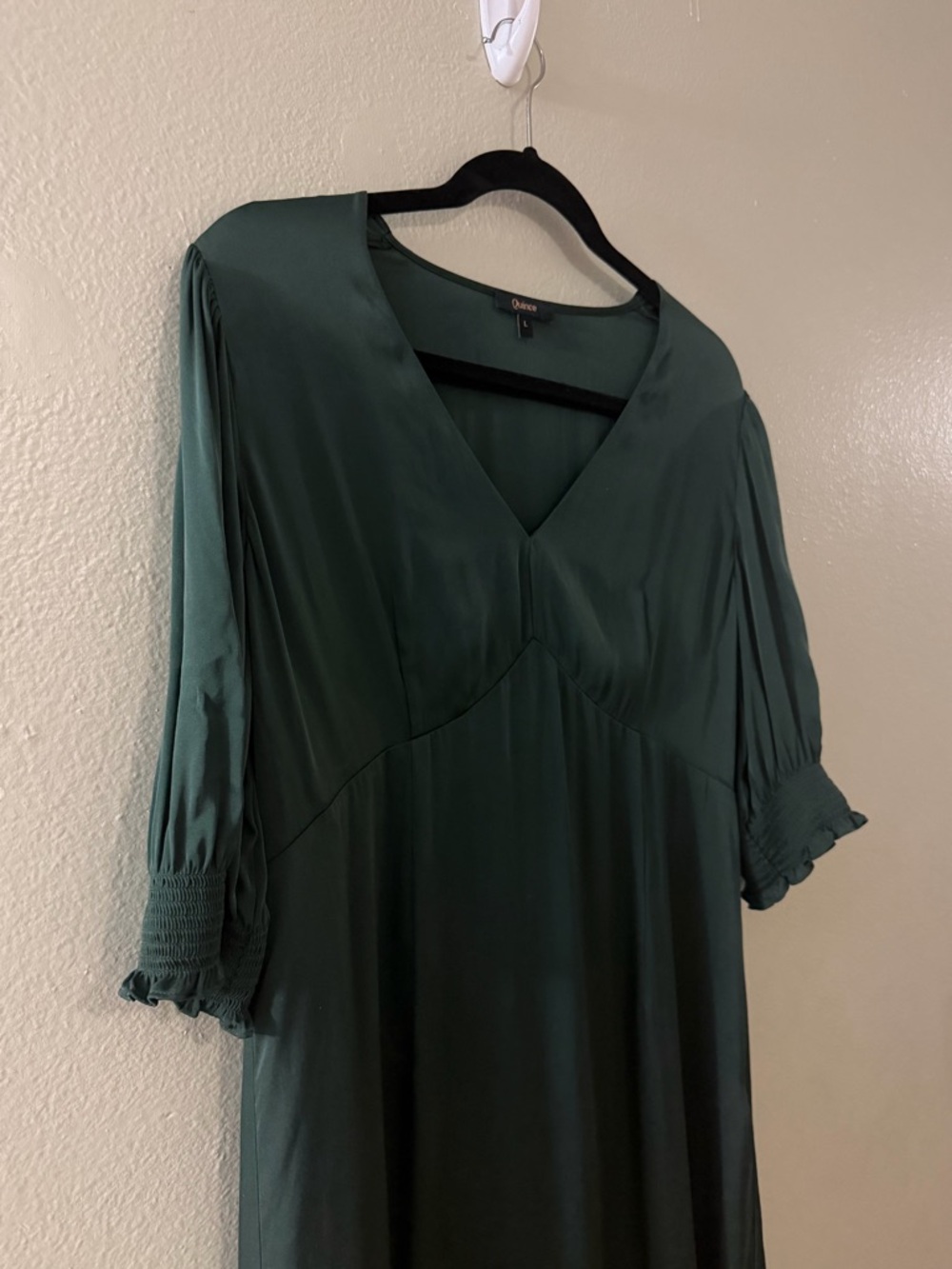 Quince Washable Stretch Silk V-Neck Smocked Sleeve Mini Dress Forest Green L - Picture 6 of 10